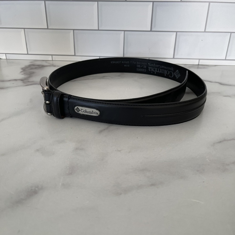 Columbia Black Genuine Full Grain Leather Men's Belt Size 32 Silver Buckle